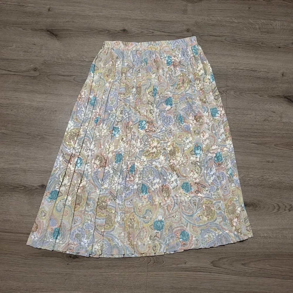Andrea Gayle Vintage 80s USA Made Paisley Pleated Midi Skirt Pastel Floral Med - Picture 4 of 6